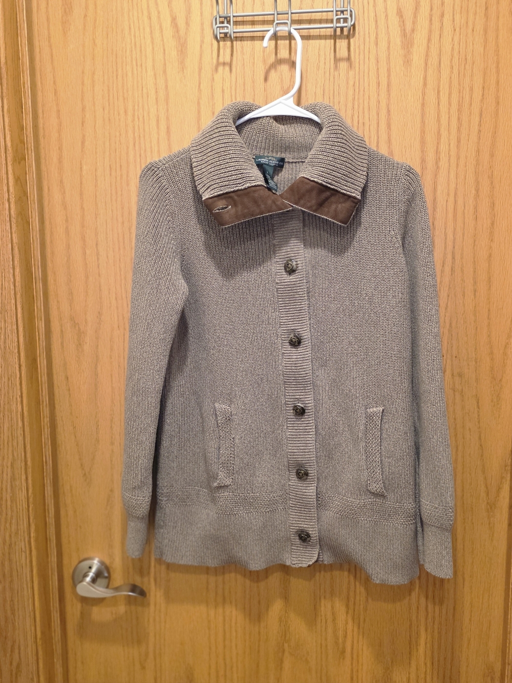 Lauren Ralph Lauren Tan Knit Cardigan with Brown Collar And Ornate Buttons